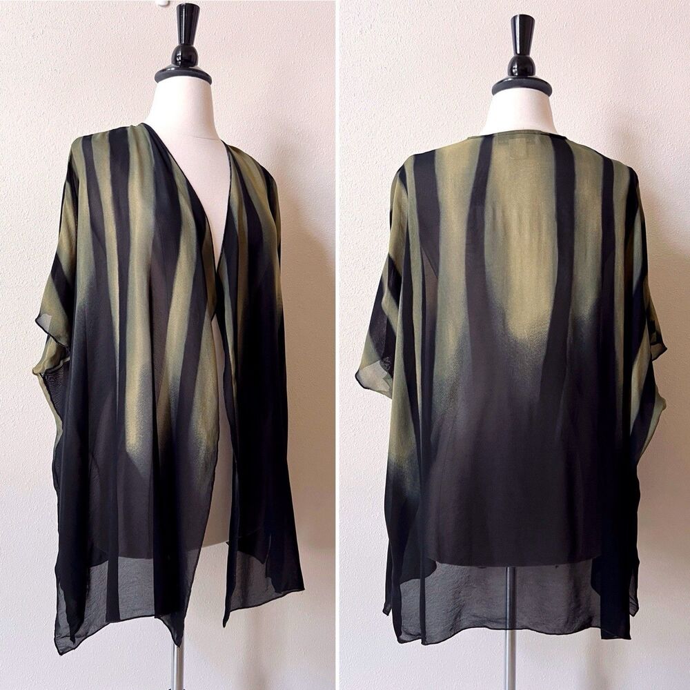 Caroline Rose Open Front Blouse Top One Size Black Green Sheer Jacket USA Made